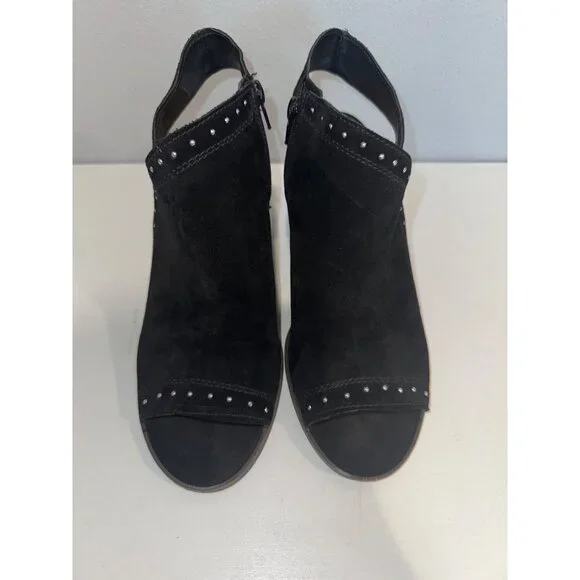 Lucky Brand Womens Shoes Sz 9 Ulyssas Black Suede Leather Peep Toe Wedge Booties - Picture 1 of 11